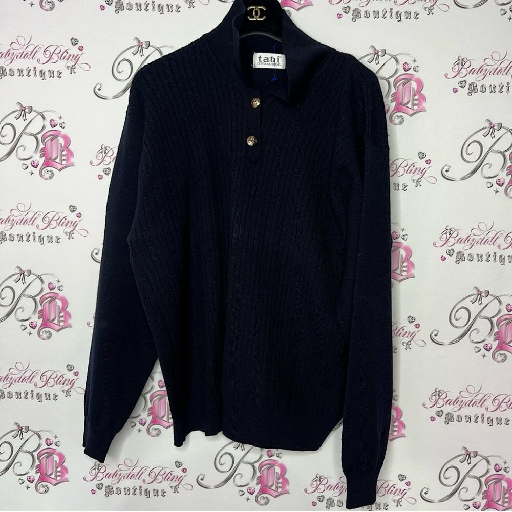 Tabi international navy blue cable knit sweater with gold luxury buttons shirt